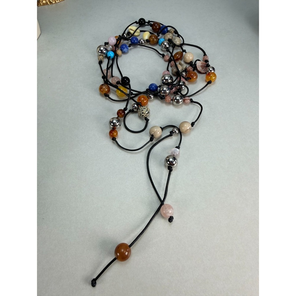 ZARA NWOT Extra Long Multicolor Beaded Cord Necklace Wrap Runway Bohemian